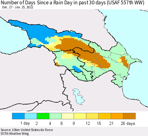 Azerbaijan, Armenia and Georgia Number of Days Since a Rain Day in past 30 days (USAF 557th WW) Thematic Map For 1/21/2022 - 1/25/2022