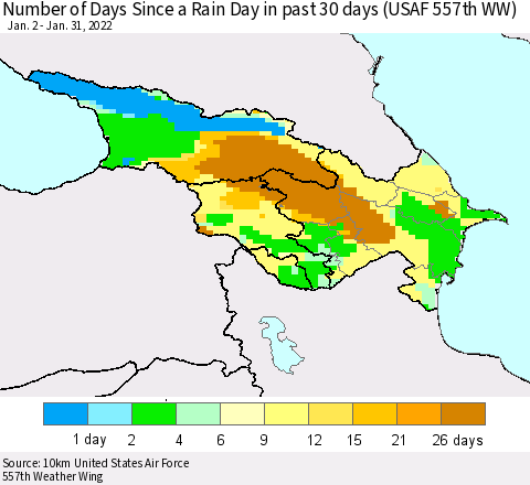 Azerbaijan, Armenia and Georgia Number of Days Since a Rain Day in past 30 days (USAF 557th WW) Thematic Map For 1/26/2022 - 1/31/2022