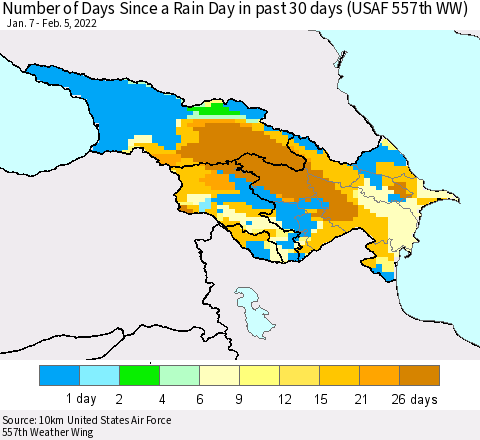 Azerbaijan, Armenia and Georgia Number of Days Since a Rain Day in past 30 days (USAF 557th WW) Thematic Map For 2/1/2022 - 2/5/2022