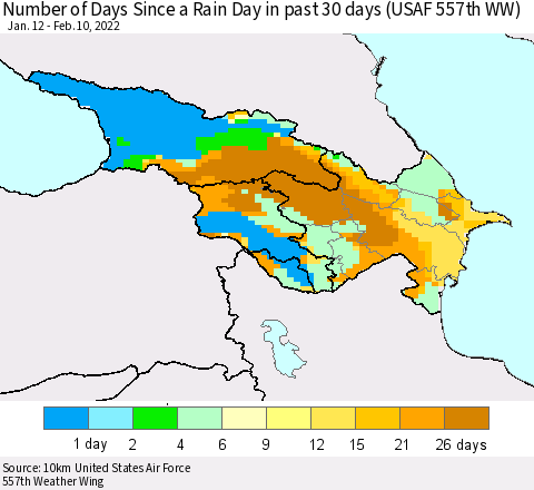 Azerbaijan, Armenia and Georgia Number of Days Since a Rain Day in past 30 days (USAF 557th WW) Thematic Map For 2/6/2022 - 2/10/2022