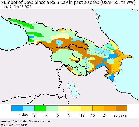 Azerbaijan, Armenia and Georgia Number of Days Since a Rain Day in past 30 days (USAF 557th WW) Thematic Map For 2/11/2022 - 2/15/2022
