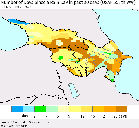 Azerbaijan, Armenia and Georgia Number of Days Since a Rain Day in past 30 days (USAF 557th WW) Thematic Map For 2/16/2022 - 2/20/2022