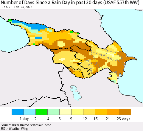 Azerbaijan, Armenia and Georgia Number of Days Since a Rain Day in past 30 days (USAF 557th WW) Thematic Map For 2/21/2022 - 2/25/2022