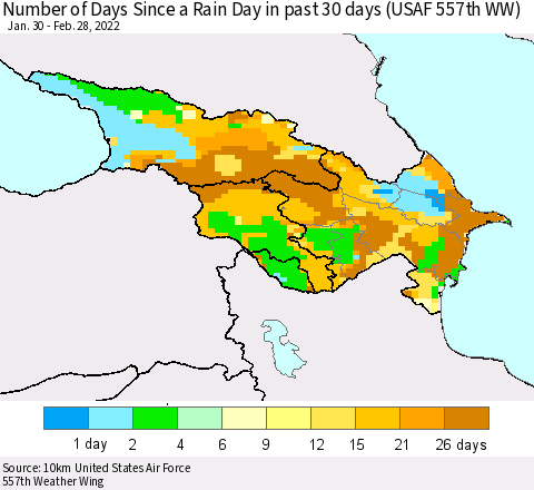 Azerbaijan, Armenia and Georgia Number of Days Since a Rain Day in past 30 days (USAF 557th WW) Thematic Map For 2/26/2022 - 2/28/2022