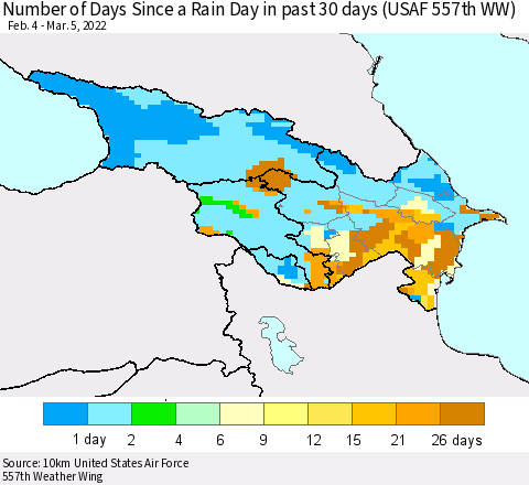 Azerbaijan, Armenia and Georgia Number of Days Since a Rain Day in past 30 days (USAF 557th WW) Thematic Map For 3/1/2022 - 3/5/2022