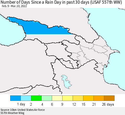 Azerbaijan, Armenia and Georgia Number of Days Since a Rain Day in past 30 days (USAF 557th WW) Thematic Map For 3/6/2022 - 3/10/2022