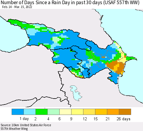 Azerbaijan, Armenia and Georgia Number of Days Since a Rain Day in past 30 days (USAF 557th WW) Thematic Map For 3/11/2022 - 3/15/2022