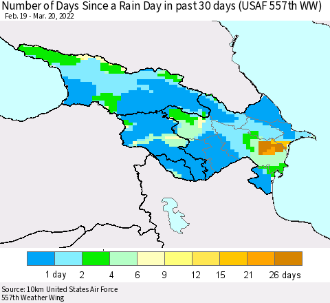 Azerbaijan, Armenia and Georgia Number of Days Since a Rain Day in past 30 days (USAF 557th WW) Thematic Map For 3/16/2022 - 3/20/2022