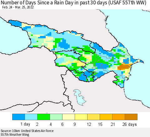 Azerbaijan, Armenia and Georgia Number of Days Since a Rain Day in past 30 days (USAF 557th WW) Thematic Map For 3/21/2022 - 3/25/2022