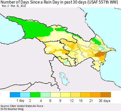 Azerbaijan, Armenia and Georgia Number of Days Since a Rain Day in past 30 days (USAF 557th WW) Thematic Map For 3/26/2022 - 3/31/2022