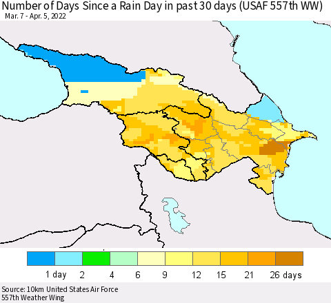 Azerbaijan, Armenia and Georgia Number of Days Since a Rain Day in past 30 days (USAF 557th WW) Thematic Map For 4/1/2022 - 4/5/2022