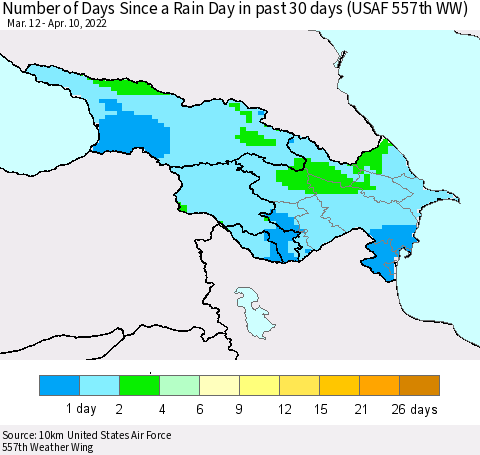 Azerbaijan, Armenia and Georgia Number of Days Since a Rain Day in past 30 days (USAF 557th WW) Thematic Map For 4/6/2022 - 4/10/2022
