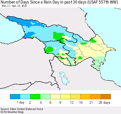 Azerbaijan, Armenia and Georgia Number of Days Since a Rain Day in past 30 days (USAF 557th WW) Thematic Map For 4/11/2022 - 4/15/2022