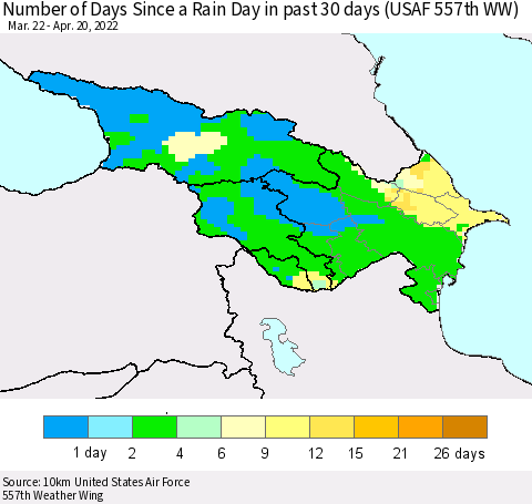 Azerbaijan, Armenia and Georgia Number of Days Since a Rain Day in past 30 days (USAF 557th WW) Thematic Map For 4/16/2022 - 4/20/2022