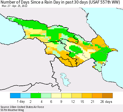 Azerbaijan, Armenia and Georgia Number of Days Since a Rain Day in past 30 days (USAF 557th WW) Thematic Map For 4/21/2022 - 4/25/2022