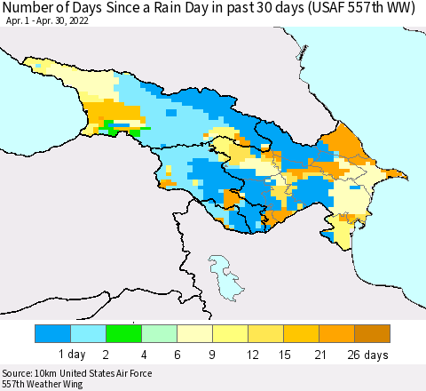 Azerbaijan, Armenia and Georgia Number of Days Since a Rain Day in past 30 days (USAF 557th WW) Thematic Map For 4/26/2022 - 4/30/2022