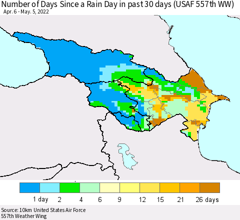 Azerbaijan, Armenia and Georgia Number of Days Since a Rain Day in past 30 days (USAF 557th WW) Thematic Map For 5/1/2022 - 5/5/2022
