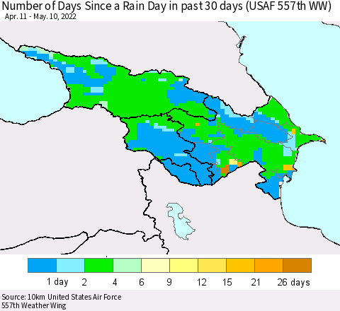 Azerbaijan, Armenia and Georgia Number of Days Since a Rain Day in past 30 days (USAF 557th WW) Thematic Map For 5/6/2022 - 5/10/2022
