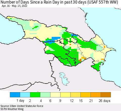 Azerbaijan, Armenia and Georgia Number of Days Since a Rain Day in past 30 days (USAF 557th WW) Thematic Map For 5/11/2022 - 5/15/2022