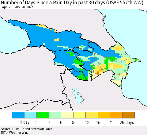 Azerbaijan, Armenia and Georgia Number of Days Since a Rain Day in past 30 days (USAF 557th WW) Thematic Map For 5/16/2022 - 5/20/2022
