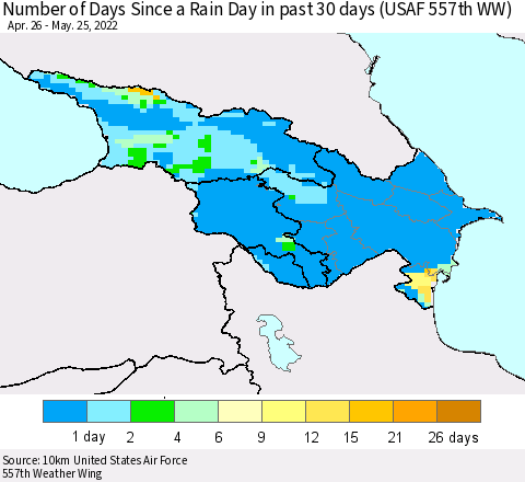Azerbaijan, Armenia and Georgia Number of Days Since a Rain Day in past 30 days (USAF 557th WW) Thematic Map For 5/21/2022 - 5/25/2022