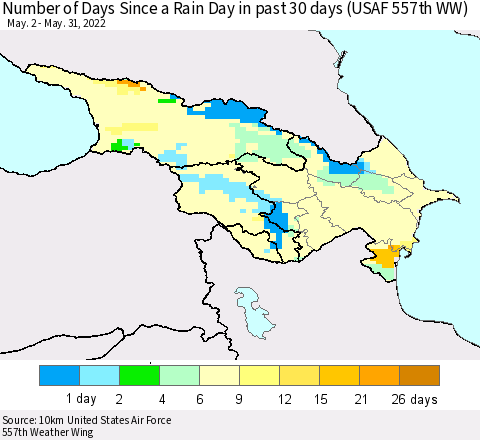 Azerbaijan, Armenia and Georgia Number of Days Since a Rain Day in past 30 days (USAF 557th WW) Thematic Map For 5/26/2022 - 5/31/2022