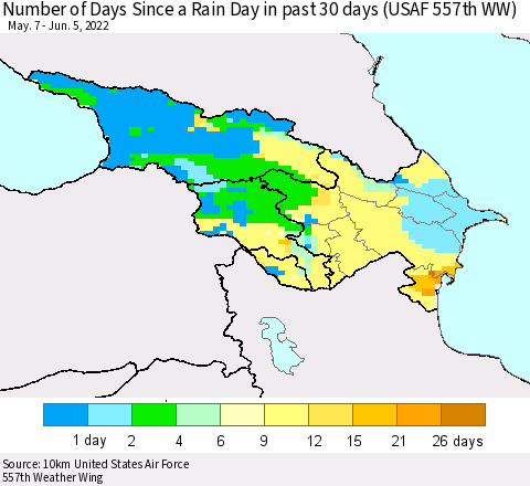 Azerbaijan, Armenia and Georgia Number of Days Since a Rain Day in past 30 days (USAF 557th WW) Thematic Map For 6/1/2022 - 6/5/2022