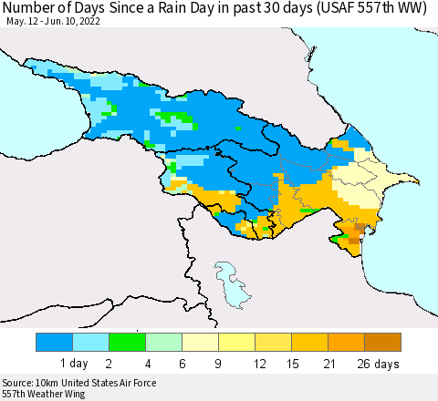 Azerbaijan, Armenia and Georgia Number of Days Since a Rain Day in past 30 days (USAF 557th WW) Thematic Map For 6/6/2022 - 6/10/2022