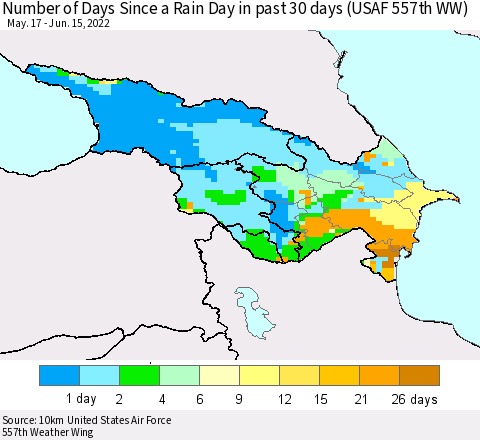 Azerbaijan, Armenia and Georgia Number of Days Since a Rain Day in past 30 days (USAF 557th WW) Thematic Map For 6/11/2022 - 6/15/2022