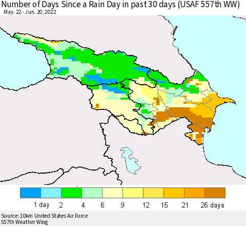 Azerbaijan, Armenia and Georgia Number of Days Since a Rain Day in past 30 days (USAF 557th WW) Thematic Map For 6/16/2022 - 6/20/2022