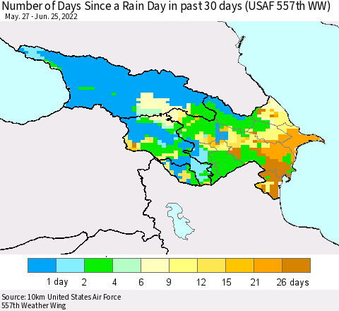 Azerbaijan, Armenia and Georgia Number of Days Since a Rain Day in past 30 days (USAF 557th WW) Thematic Map For 6/21/2022 - 6/25/2022