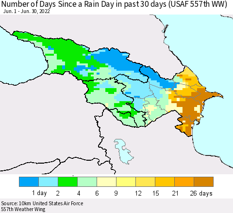 Azerbaijan, Armenia and Georgia Number of Days Since a Rain Day in past 30 days (USAF 557th WW) Thematic Map For 6/26/2022 - 6/30/2022