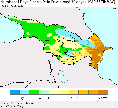 Azerbaijan, Armenia and Georgia Number of Days Since a Rain Day in past 30 days (USAF 557th WW) Thematic Map For 7/1/2022 - 7/5/2022