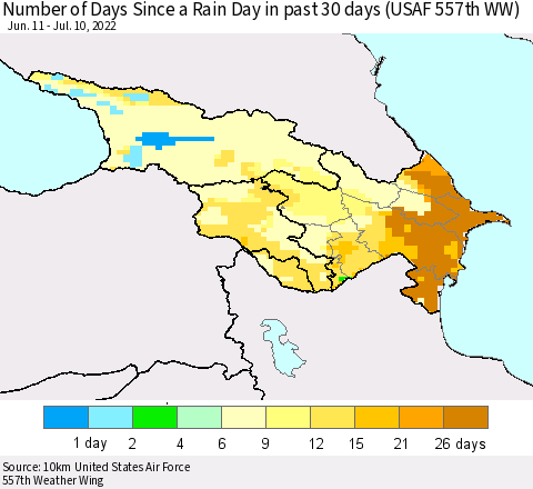Azerbaijan, Armenia and Georgia Number of Days Since a Rain Day in past 30 days (USAF 557th WW) Thematic Map For 7/6/2022 - 7/10/2022