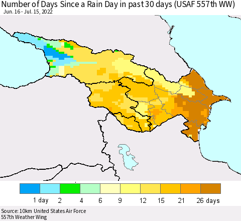 Azerbaijan, Armenia and Georgia Number of Days Since a Rain Day in past 30 days (USAF 557th WW) Thematic Map For 7/11/2022 - 7/15/2022