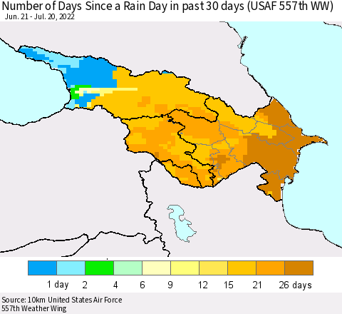 Azerbaijan, Armenia and Georgia Number of Days Since a Rain Day in past 30 days (USAF 557th WW) Thematic Map For 7/16/2022 - 7/20/2022