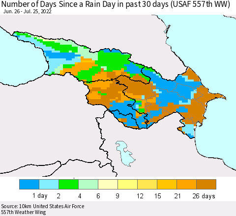 Azerbaijan, Armenia and Georgia Number of Days Since a Rain Day in past 30 days (USAF 557th WW) Thematic Map For 7/21/2022 - 7/25/2022