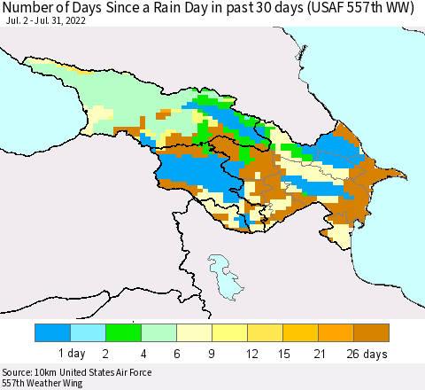 Azerbaijan, Armenia and Georgia Number of Days Since a Rain Day in past 30 days (USAF 557th WW) Thematic Map For 7/26/2022 - 7/31/2022