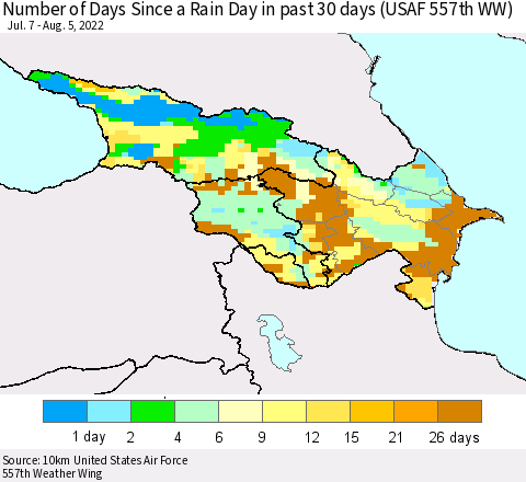 Azerbaijan, Armenia and Georgia Number of Days Since a Rain Day in past 30 days (USAF 557th WW) Thematic Map For 8/1/2022 - 8/5/2022