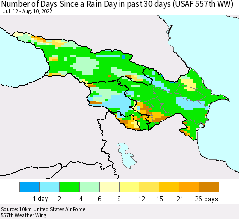 Azerbaijan, Armenia and Georgia Number of Days Since a Rain Day in past 30 days (USAF 557th WW) Thematic Map For 8/6/2022 - 8/10/2022