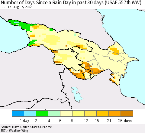 Azerbaijan, Armenia and Georgia Number of Days Since a Rain Day in past 30 days (USAF 557th WW) Thematic Map For 8/11/2022 - 8/15/2022