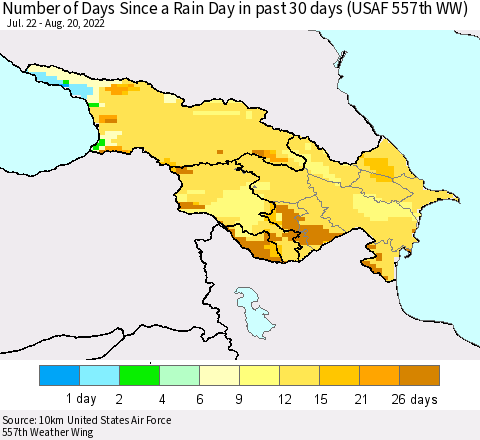 Azerbaijan, Armenia and Georgia Number of Days Since a Rain Day in past 30 days (USAF 557th WW) Thematic Map For 8/16/2022 - 8/20/2022