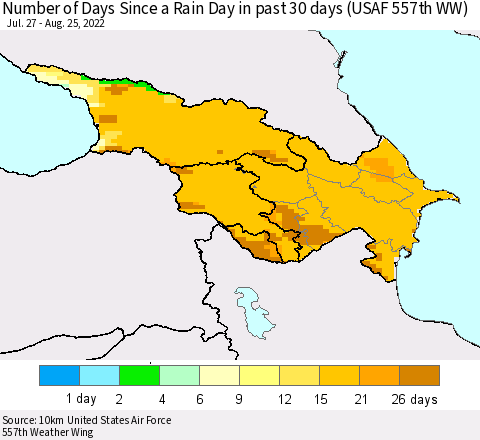 Azerbaijan, Armenia and Georgia Number of Days Since a Rain Day in past 30 days (USAF 557th WW) Thematic Map For 8/21/2022 - 8/25/2022