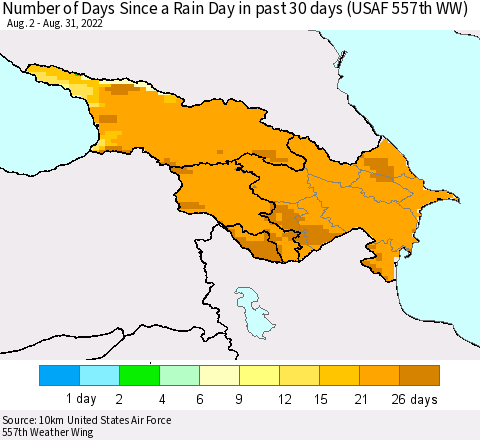 Azerbaijan, Armenia and Georgia Number of Days Since a Rain Day in past 30 days (USAF 557th WW) Thematic Map For 8/26/2022 - 8/31/2022
