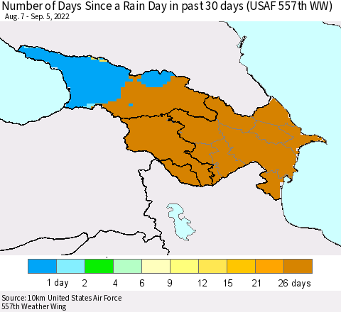 Azerbaijan, Armenia and Georgia Number of Days Since a Rain Day in past 30 days (USAF 557th WW) Thematic Map For 9/1/2022 - 9/5/2022