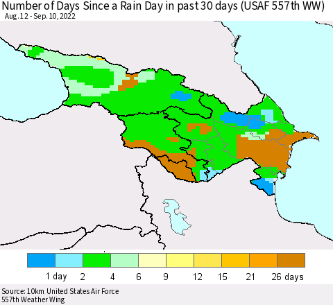 Azerbaijan, Armenia and Georgia Number of Days Since a Rain Day in past 30 days (USAF 557th WW) Thematic Map For 9/6/2022 - 9/10/2022