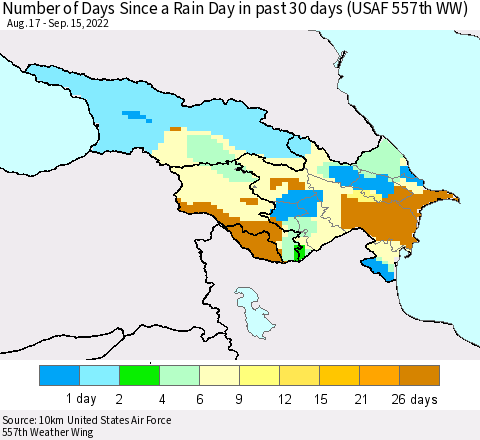 Azerbaijan, Armenia and Georgia Number of Days Since a Rain Day in past 30 days (USAF 557th WW) Thematic Map For 9/11/2022 - 9/15/2022