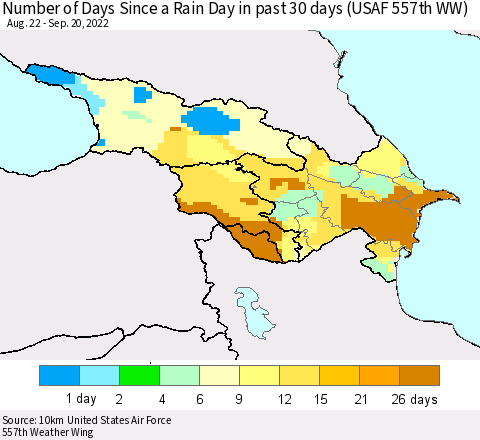 Azerbaijan, Armenia and Georgia Number of Days Since a Rain Day in past 30 days (USAF 557th WW) Thematic Map For 9/16/2022 - 9/20/2022