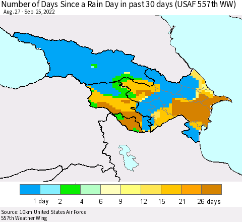 Azerbaijan, Armenia and Georgia Number of Days Since a Rain Day in past 30 days (USAF 557th WW) Thematic Map For 9/21/2022 - 9/25/2022
