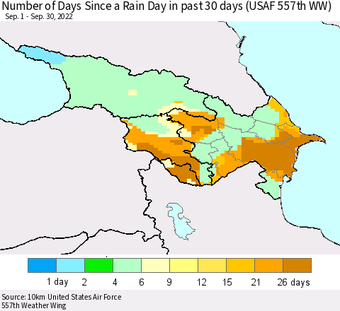 Azerbaijan, Armenia and Georgia Number of Days Since a Rain Day in past 30 days (USAF 557th WW) Thematic Map For 9/26/2022 - 9/30/2022